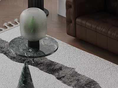 Stylish Side Table With Marble Top And Glass Vase By Brown Leather Sofa On Rug 3d model