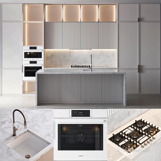 Modern Commercial Kitchen Interior With Marble Island Countertop And Stainless Steel Cabinets Appliances 3d model 