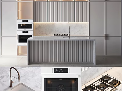 Modern Commercial Kitchen Interior With Marble Island Countertop And Stainless Steel Cabinets Appliances 3d model