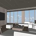 Modern Hotel Guest Room With Sea View Large Windows Sofas Coffee Table And Display Shelves