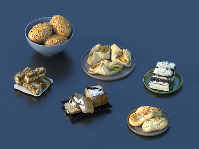 Assorted Freshly Baked Pastries And Desserts With Sesame Bread Puff Pastries And Layered Cake 3d model