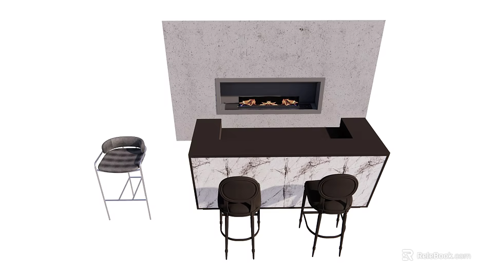 Modern Bar Counter With Marble Design And Fireplace And Bar Stools 3d model 