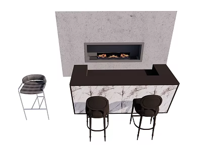 Modern Bar Counter With Marble Design And Fireplace And Bar Stools 3d model