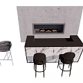 Modern Bar Counter With Marble Design And Fireplace And Bar Stools