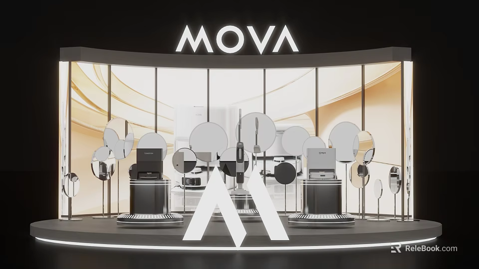 Modern Store Window Display with MOVA Logo Curved Design Circular Decorations and Lighting Effects 3d model 