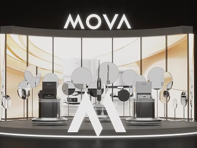 Modern Store Window Display with MOVA Logo Curved Design Circular Decorations and Lighting Effects 3d model