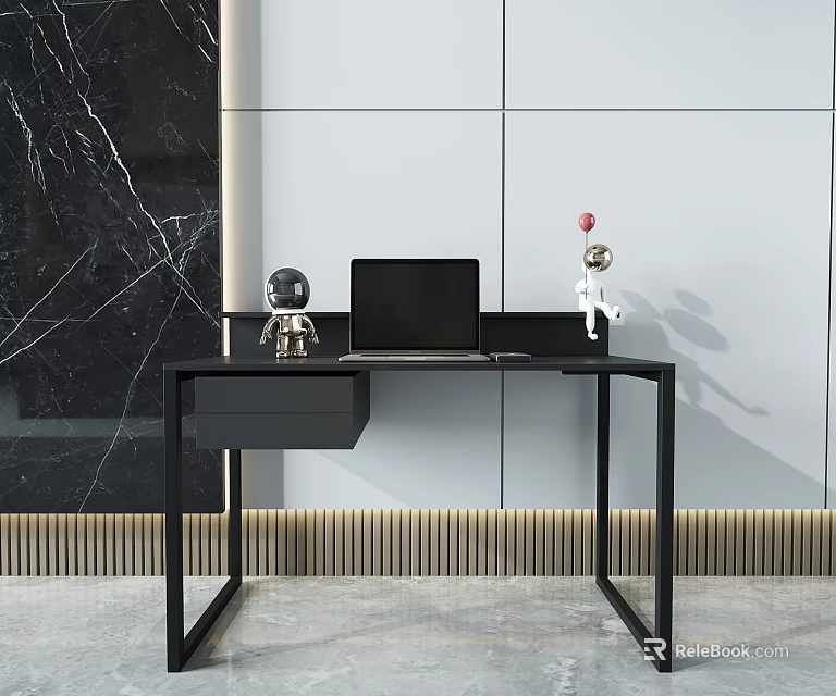 Modern Black Desk With Laptop And Decorative Figurines On White Wall With Gold Trim 3d model 