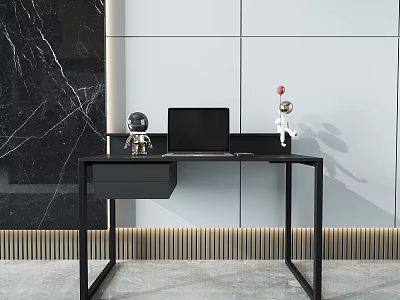 Modern Black Desk With Laptop And Decorative Figurines On White Wall With Gold Trim 3d model