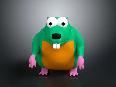 Cartoon Green Creature Character With Big White Eyes Black Nose Orange Belly And Pink Paws 3d model