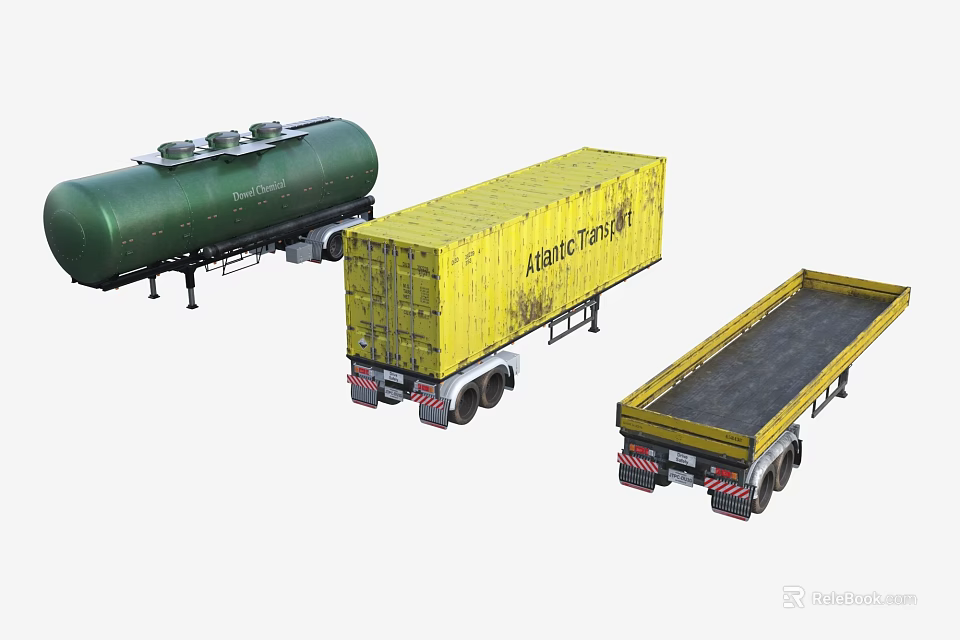 Different Types of Utility Trailers with Green Tanker Yellow Container and Flatbed Designs 3d model 