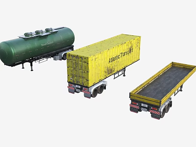Different Types of Utility Trailers with Green Tanker Yellow Container and Flatbed Designs 3d model