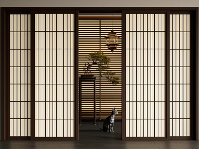 Japanese Sliding Doors With Wooden Frame Reveal Interior Featuring Lantern Plant And Cat 3d model