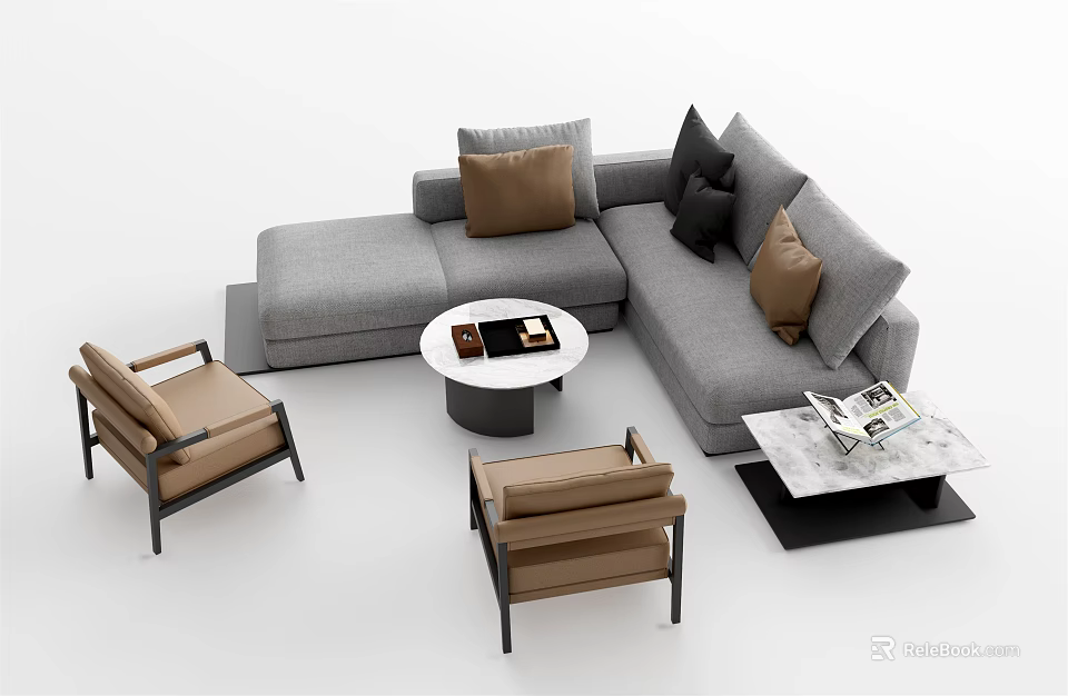 Gray L Shaped Sofa and Coffee Table Set with Brown Armchairs Black Frames Accent Pillows 3d model
