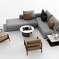 Gray L Shaped Sofa and Coffee Table Set with Brown Armchairs Black Frames Accent Pillows 3d model