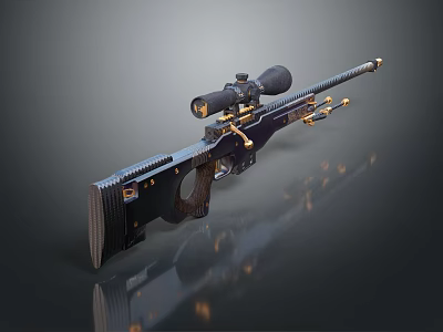 High Precision Sniper Rifle With Black Body Gold Accents Wooden Grip And Scope 3d model