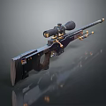 High Precision Sniper Rifle With Black Body Gold Accents Wooden Grip And Scope