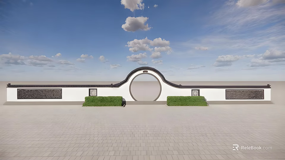 Traditional Chinese Garden Landscape With Circular Moon Gate White Walls And Green Shrubs 3d model 