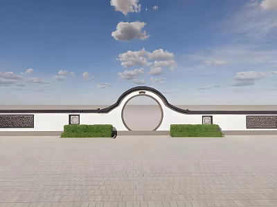 Traditional Chinese Garden Landscape With Circular Moon Gate White Walls And Green Shrubs 3d model