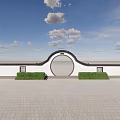 Traditional Chinese Garden Landscape With Circular Moon Gate White Walls And Green Shrubs