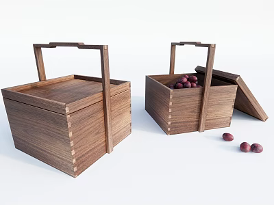 Wooden Handboxes With Open Lid Containing Red Fruits And Closed One Beside 3d model