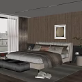 Modern Bedroom Interior With Wooden Panel Walls Large Bed And Floor to Ceiling Windows