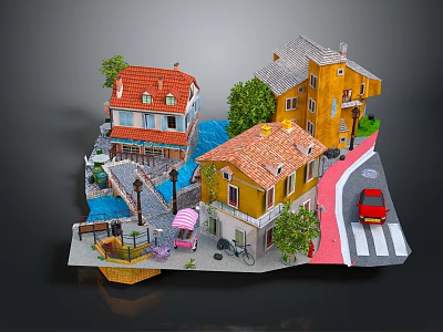 Vibrant Cartoon Scene With Colorful Houses Red Roofs Green Trees Blue Pond And Red Car 3d model