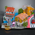 Vibrant Cartoon Scene With Colorful Houses Red Roofs Green Trees Blue Pond And Red Car