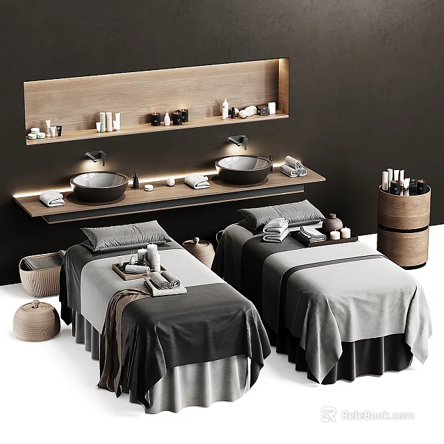 Luxurious Massage Beds With Wooden Shelves Towels And Skincare Products In Spa Setting 3d model 