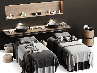 Luxurious Massage Beds With Wooden Shelves Towels And Skincare Products In Spa Setting 3d model