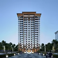 High Rise Residential Building With Modern Exterior Design Ornate Top Balconies And Lush Trees