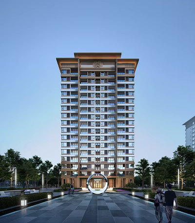High Rise Residential Building With Modern Exterior Design Ornate Top Balconies And Lush Trees 3d model