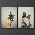 Nude Figure Paintings With Rear View And Feather Adornments On Dark Background