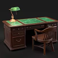 Vintage Wooden Desk With Green Marble Top Brass Table Lamp And Wooden Chair