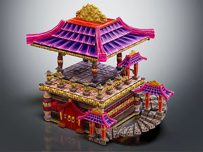 Traditional Chinese Pavilion With Purple Decorative Roof Red Pillars And Golden Ornaments 3d model