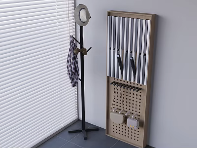 Freestanding Coat Rack With Plaid Scarf Near Wall Mounted Knife Holder And Window Blinds 3d model