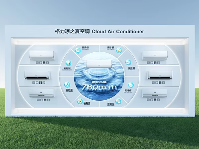Gree Air Conditioners Window Display With Blue Water Ripple And Circular Icons 3d model