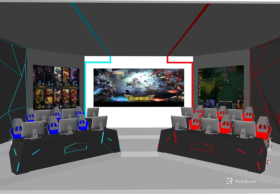 Gaming Internet Cafe Interior With Multiple Computers Large Screen And Gaming Seats 3d model