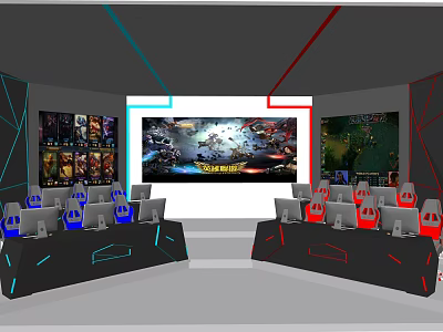 Gaming Internet Cafe Interior With Multiple Computers Large Screen And Gaming Seats 3d model