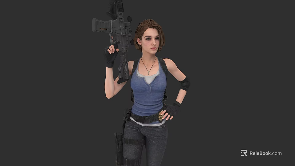 Game And Movie Female Character Holding Rifle In Blue Tank Top Gray T-shirt Black Gloves 3d model 