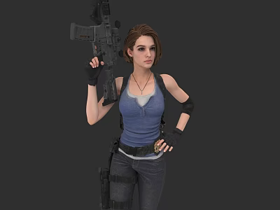 Game And Movie Female Character Holding Rifle In Blue Tank Top Gray T-shirt Black Gloves 3d model