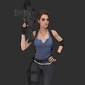 Game And Movie Female Character Holding Rifle In Blue Tank Top Gray T-shirt Black Gloves