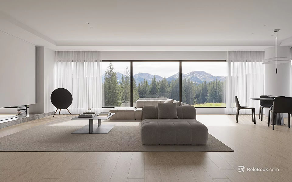 Modern Living Dining Room Interior With Large Windows Mountain Forest View And Gray Sofa 3d model 