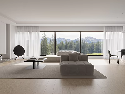Modern Living Dining Room Interior With Large Windows Mountain Forest View And Gray Sofa 3d model