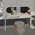 Modern White Dressing Table With Curved Design Marble Wall And Round Woven Stool 3d model