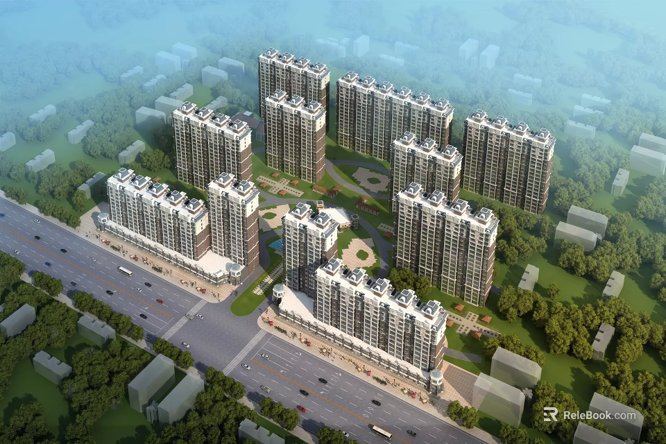 Elegant Aerial Planning of Residential Community With High Rise Buildings Green Spaces And Roads 3d model 