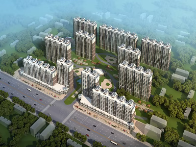 Elegant Aerial Planning of Residential Community With High Rise Buildings Green Spaces And Roads 3d model