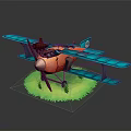 Vintage Biplane Airplane with Red Propeller Orange Body Blue Wings on Green Grass