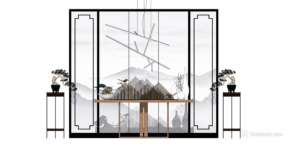 Elegant Chinese Console Table With Mountain Backdrop Potted Plants And Pendant Lights 3d model