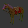 Orange Horse With Silver Bridle And Red Saddle On Gray Background