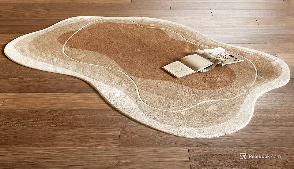 Stylish Irregular Shaped Rug On Wooden Floor With Magazines 3d model 